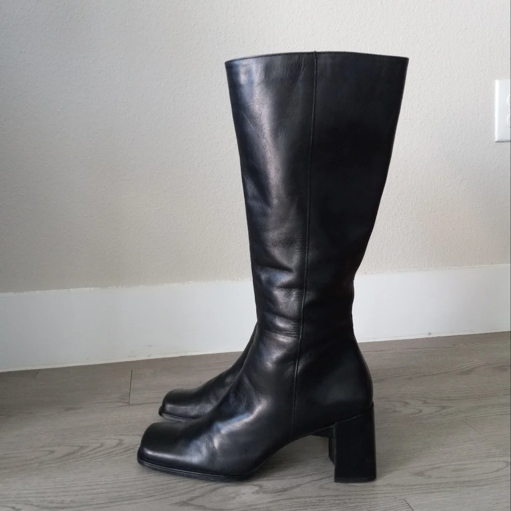 90's Nine West Vintage Y2K Square Toe High Black Leather Boots - Picture 16 of 16